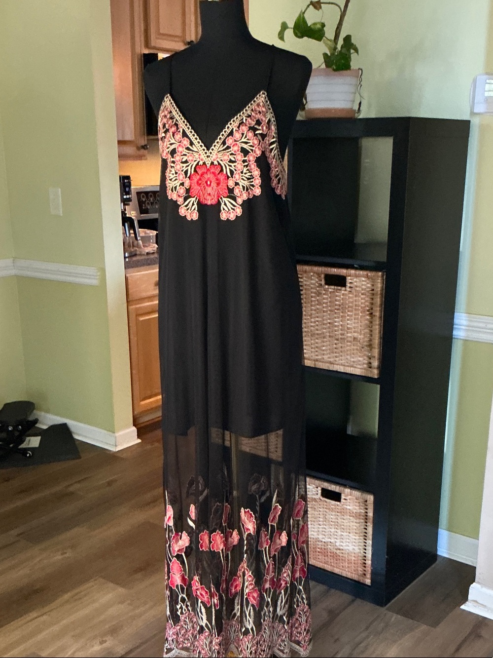 Alice + Olivia Black Maxi Slip Dress with Pink Floral Embroidery
